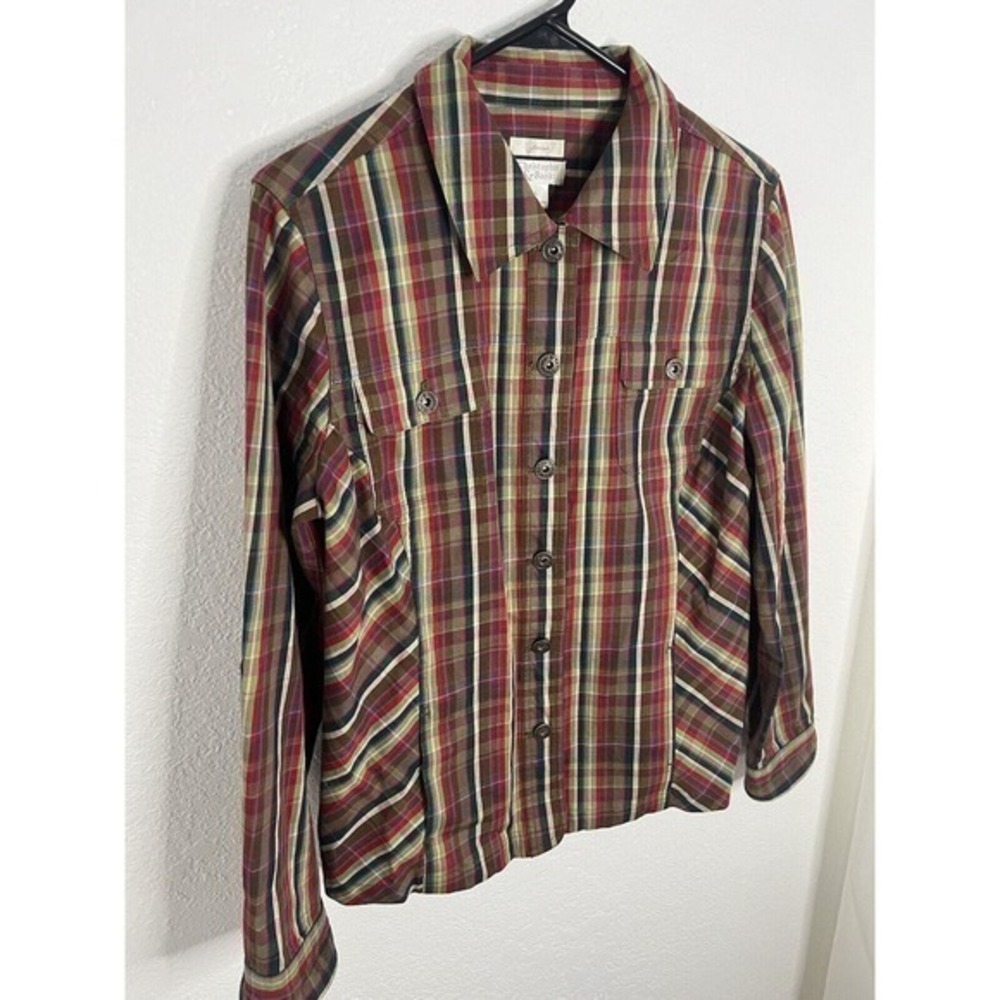 Christopher & Banks Womens Shirt Red Brown Plaid Button Stretch Size Large